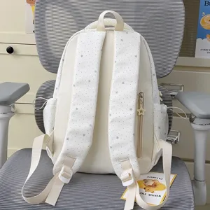 Cute star print casual backpack for school daily travel teen girls cream white bookbag