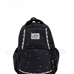 Black star print backpack with cute lace trim, perfect for daily school and travel use.