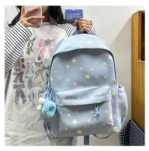 Ice blue starry backpack for student girls, casual multi-pocket cute school book bag commute.