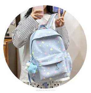 Light blue star print student backpack with multi compartments cute daily casual school bag