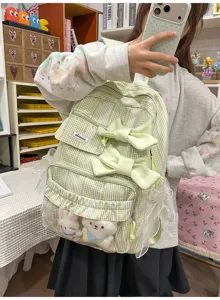 Green striped bow backpack casual daypack for student daily travel and outdoor activities.
