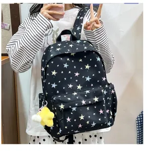 Black star print canvas school backpack for teen girls casual daypack with cute star pendant