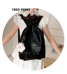 Sac à dos noir en cuir style coréen minimaliste avec pendentif peluche, grand sac étudiant.