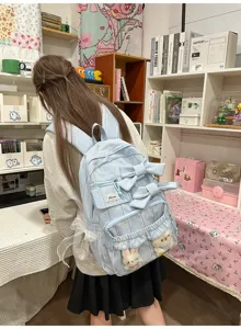 Light blue gingham student backpack with cute bows and plush pendants casual school bag