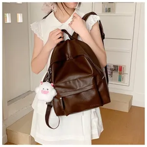 Sac à dos en cuir marron grande capacité style coréen pour femmes, cartable minimaliste uni.