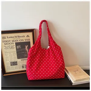 Red polka dot canvas shoulder bag casual hobo tote aesthetic daily retro underarm bag
