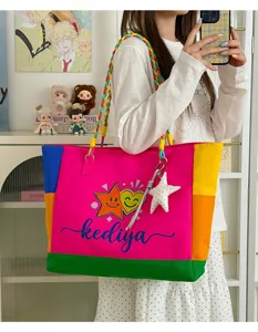 Colorful color-blocked canvas tote bag with dopamine style, large capacity shoulder bag.