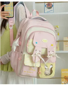 Pink and yellow college style school backpack with cute rabbit ears and ribbons for girls.