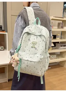 Light green star print backpack with multi compartments, cute pendant, student commuting bag.