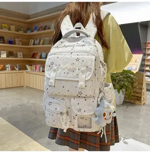 Detailed view of white multi-pocket backpack with star pattern and cute plush star pendant in library.
