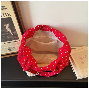 Red white polka dot canvas shoulder bag casual cute bucket bag with inner pocket and cute charm