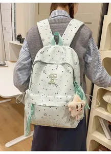 Light green star print backpack for women, multi-compartment casual school bag with cute plush star.