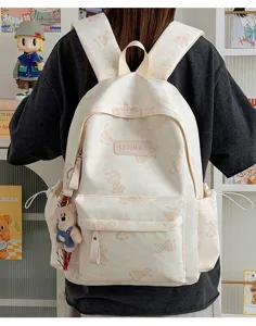 Cute bear print canvas backpack large capacity school bag commuter casual daypack for daily use