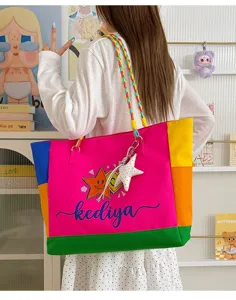 Dopamine color-blocked canvas tote bag, lightweight large capacity handbag with star charm.