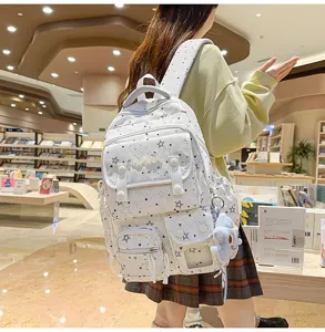 Detailed view of the cute star pattern white school backpack, casual daily use and travel.
