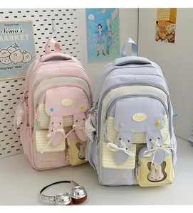 Cute bunny ear school backpack for girls casual daypack with bow ribbon multi-pocket design