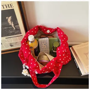 Red white polka dot canvas shoulder bag casual cute handbag with pearl pendant daily use.