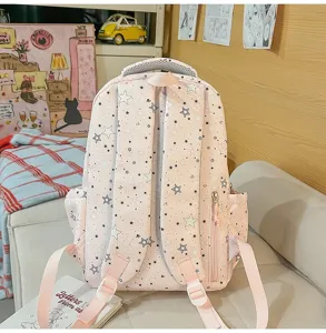 Pink star print school backpack, casual daily travel daypack with side zipper pockets.