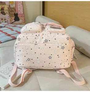 Pink star print casual school backpack with multiple pockets, lightweight travel daypack for daily use.