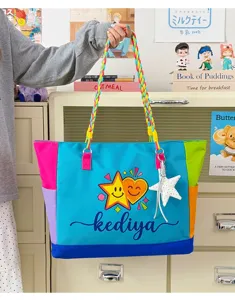Dopamine color block canvas tote bag, lightweight large capacity casual shoulder handbag.