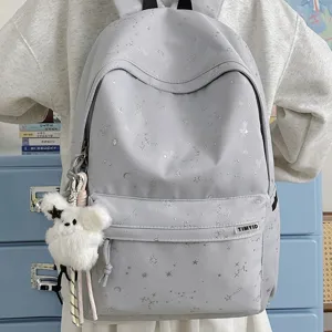 American College Style Star Print Nylon Backpack Student Casual School Bookbag Daily Daypack With Rabbit Pendant