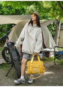 Borsa tote da viaggio per campeggio all'aperto giallo vivo, borsa a tracolla casual con cinturini.