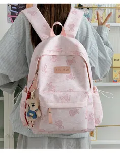 Pink tie-dye canvas backpack with cute teddy bear print, spacious daily casual school bag.