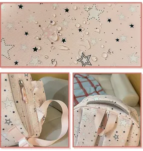 Detailed view of pink star pattern backpack showing waterproof fabric and zipper.