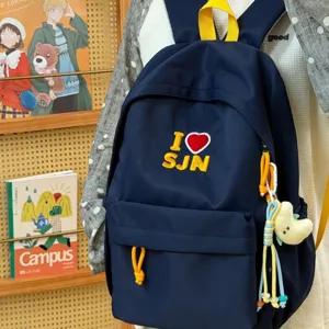 American Campus Style Casual Student Backpack Waterproof Nylon School Bookbag With Cute Embroidery And Pendant