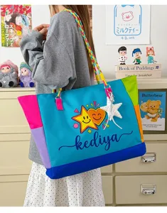 Dopamine color-blocked canvas tote bag, lightweight casual shoulder handbag with braided strap.