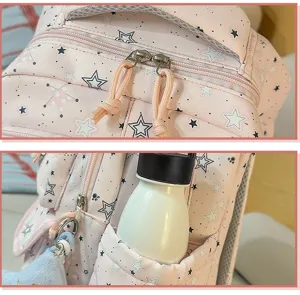 Detailed view of pink star pattern backpack with zipper and side pocket for daily school use.