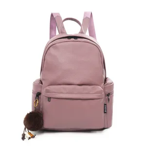 Women's PU leather backpack stylish casual travel rucksack casual daypack with pom pom