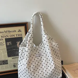 Creamy white polka dot canvas shoulder bag, lightweight minimalist casual daily underarm bag.