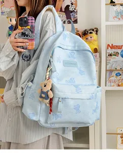 Cute tie-dye bear casual backpack for women, large capacity campus school bag with pendant.