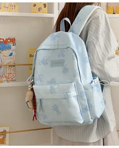 Cute blue tie-dye bear pattern backpack for men and women, stylish large capacity commuter bag.