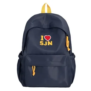 Navy blue casual student school backpack with yellow contrast details and cute embroidery main view.