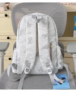 Grey tie-dye bear print school backpack detail shot, casual commuting large capacity daily design.