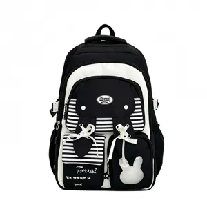 Cute black and white college style backpack with bunny ears ribbons and multi pockets for daily use