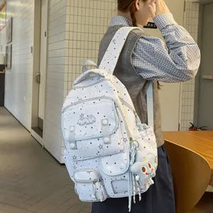 Cute star print casual backpack for student daily use, lightweight multi-pocket school bag.