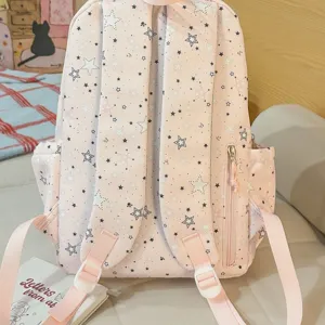 Pink star print backpack casual cute lightweight travel school bag for students teens daily use
