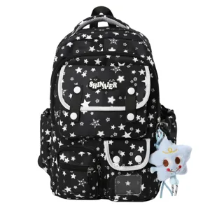 Black star pattern school backpack with multi pockets and cute plush pendant for daily use.