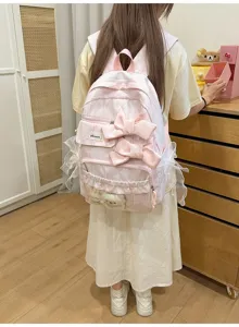 Sweet pink plaid school backpack for women, cute bow and lace student casual daypack.