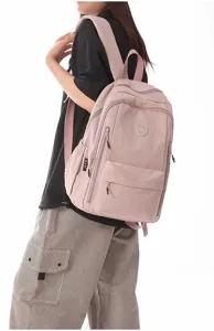 Detailed view of women's waterproof nylon backpack showcasing side pockets and durable straps.