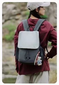 Grey contrast casual backpack, outdoor hiking daypack, stylish couple dual shoulder bag.