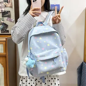 Women Casual Nylon Backpack Multi Compartment School Bookbag Cute Star Print Student Commuter Daypack