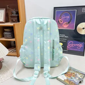 Ice blue star print student backpack with multi-compartments, cute aesthetic book bag.