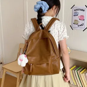 Sac à dos en cuir marron minimaliste pour femme, grand sac d'école décontracté.