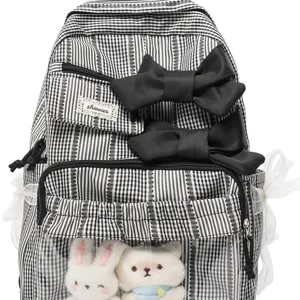Black and white checkered backpack with black bows and transparent pocket for daily use