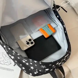 Black starry print backpack multi-compartment casual schoolbag for student daily commute.