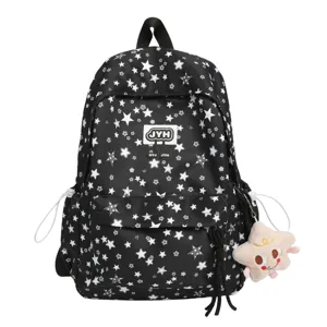 Black canvas school backpack with white star print, casual multi-compartment daypack.